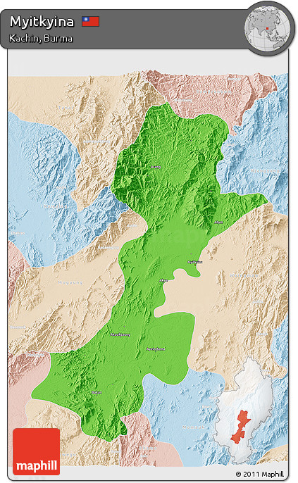 Political 3D Map of Myitkyina, lighten