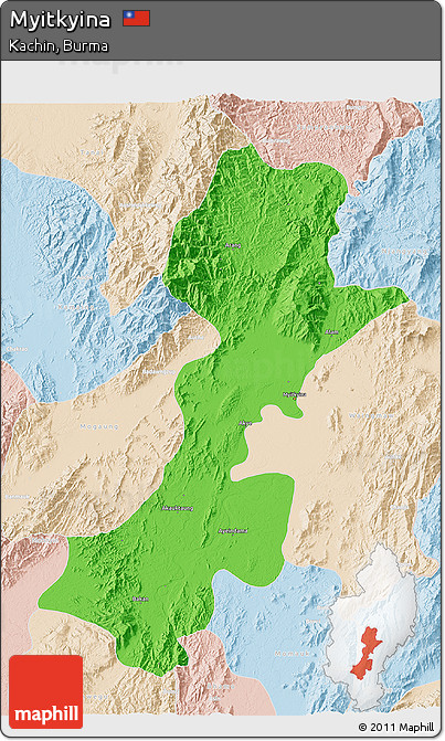 Political 3D Map of Myitkyina, lighten