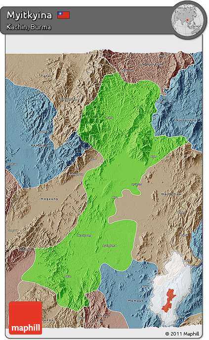 Political 3D Map of Myitkyina, semi-desaturated