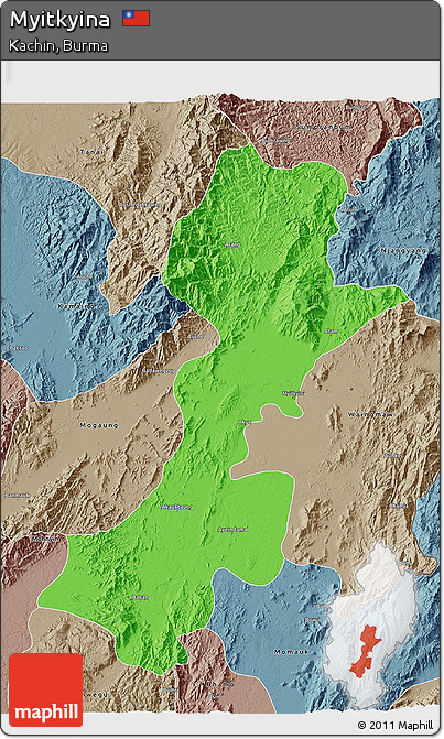 Political 3D Map of Myitkyina, semi-desaturated