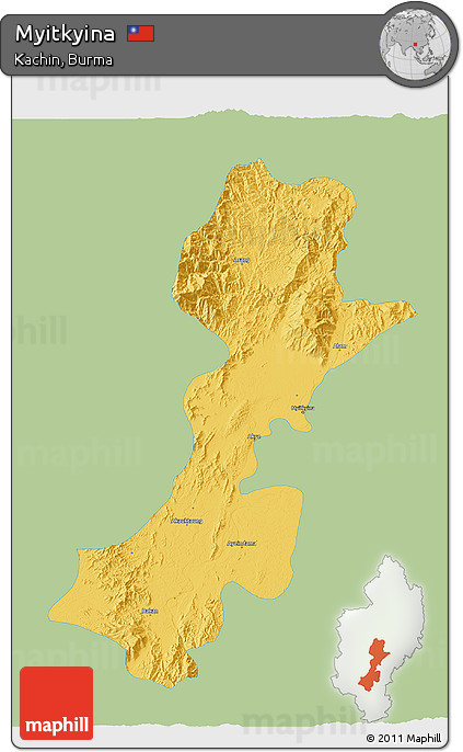 Savanna Style 3D Map of Myitkyina, single color outside