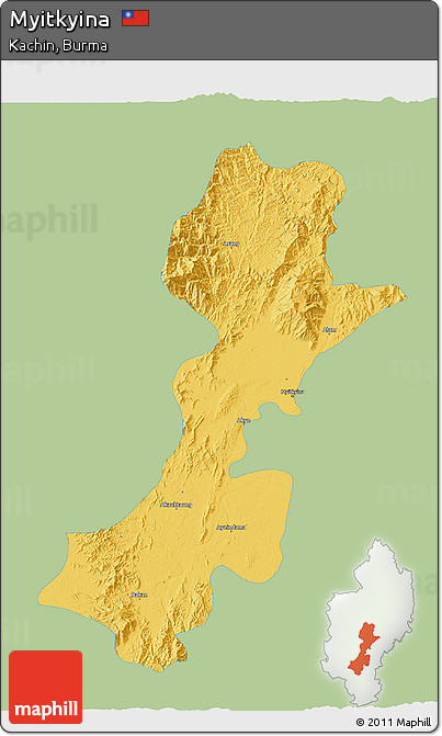Savanna Style 3D Map of Myitkyina, single color outside