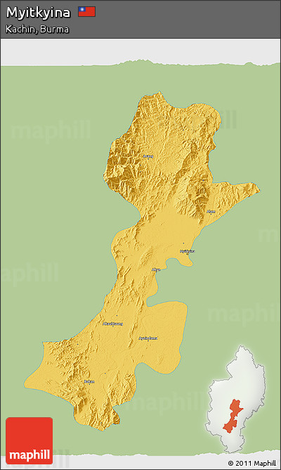 Savanna Style 3D Map of Myitkyina, single color outside
