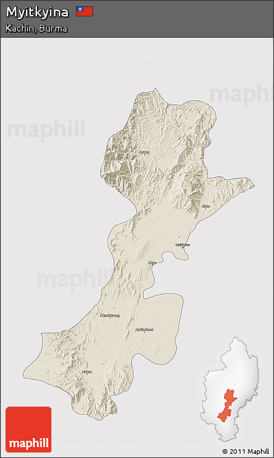 Shaded Relief 3D Map of Myitkyina, cropped outside