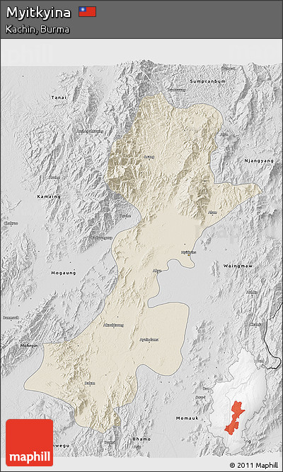 Shaded Relief 3D Map of Myitkyina, desaturated
