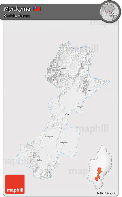 Silver Style 3D Map of Myitkyina, single color outside