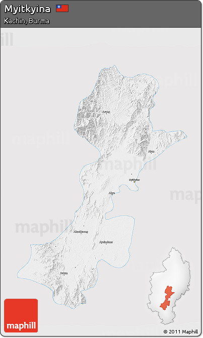 Silver Style 3D Map of Myitkyina, single color outside