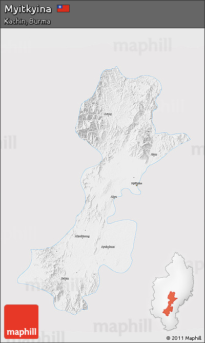 Silver Style 3D Map of Myitkyina, single color outside
