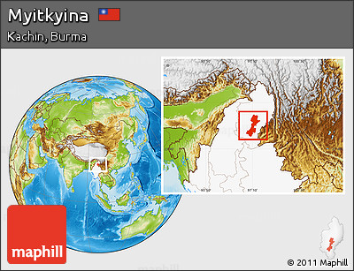 Physical Location Map of Myitkyina, highlighted country