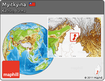 Physical Location Map of Myitkyina, highlighted country