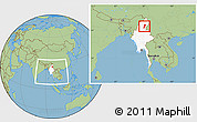 Savanna Style Location Map of Myitkyina, highlighted country, within the entire country