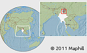 Savanna Style Location Map of Myitkyina, highlighted country, highlighted parent region, within the entire country, hill shading