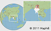 Savanna Style Location Map of Myitkyina, highlighted country, highlighted parent region, within the entire country