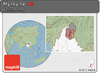 Savanna Style Location Map of Myitkyina, highlighted country, highlighted parent region, hill shading