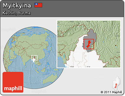 Savanna Style Location Map of Myitkyina, highlighted country, highlighted parent region, hill shading