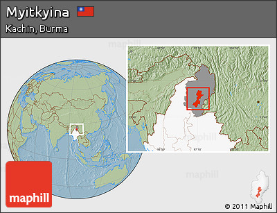 Savanna Style Location Map of Myitkyina, highlighted country, highlighted parent region, hill shading