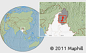 Savanna Style Location Map of Myitkyina, highlighted country, highlighted parent region, hill shading