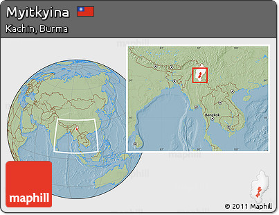 Savanna Style Location Map of Myitkyina, highlighted parent region, within the entire country, hill shading