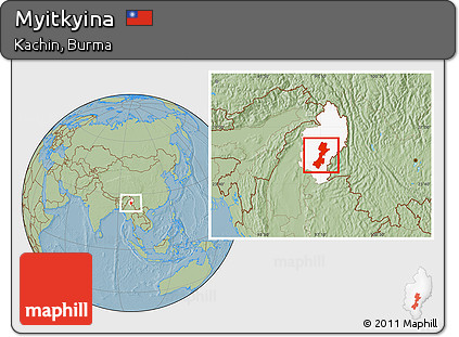 Savanna Style Location Map of Myitkyina, highlighted parent region, hill shading