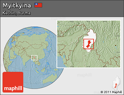 Savanna Style Location Map of Myitkyina, highlighted parent region, hill shading
