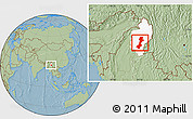 Savanna Style Location Map of Myitkyina, highlighted parent region, hill shading
