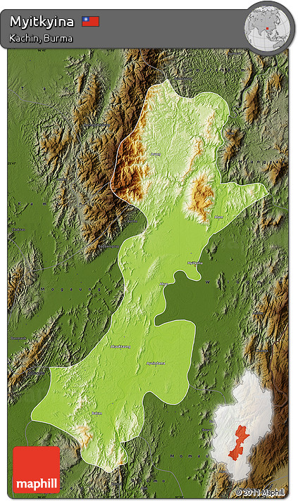 Physical Map of Myitkyina, darken