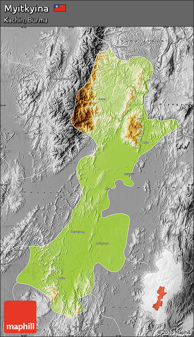 Physical Map of Myitkyina, desaturated