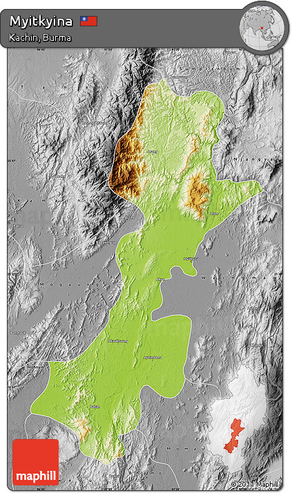 Physical Map of Myitkyina, desaturated