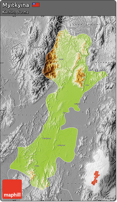 Physical Map of Myitkyina, desaturated