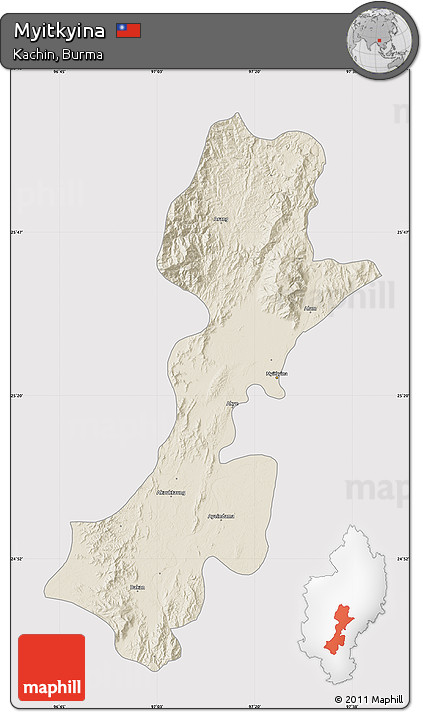 Shaded Relief Map of Myitkyina, cropped outside