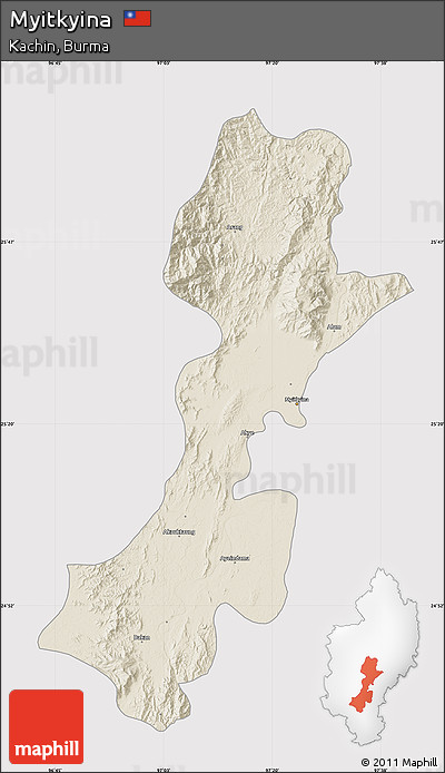 Shaded Relief Map of Myitkyina, cropped outside