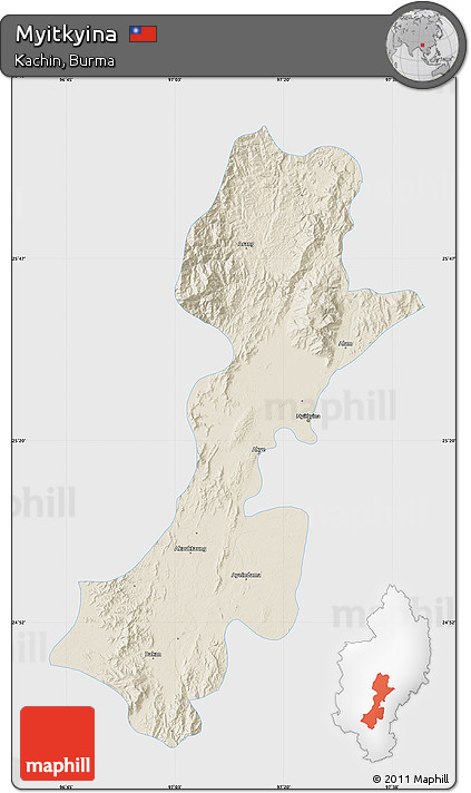 Shaded Relief Map of Myitkyina, single color outside