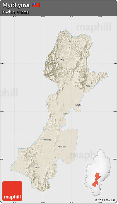 Shaded Relief Map of Myitkyina, single color outside