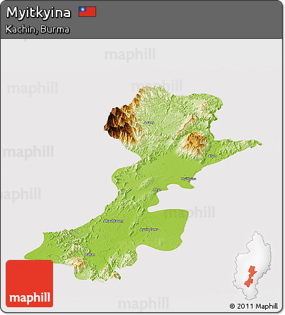 Physical Panoramic Map of Myitkyina, cropped outside