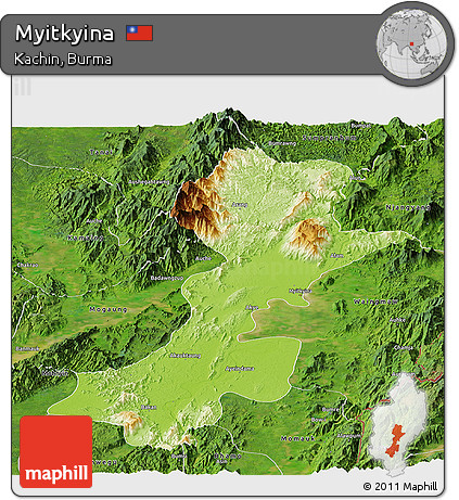Physical Panoramic Map of Myitkyina, satellite outside