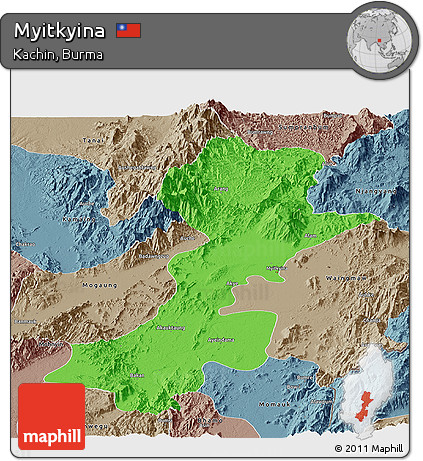 Political Panoramic Map of Myitkyina, semi-desaturated