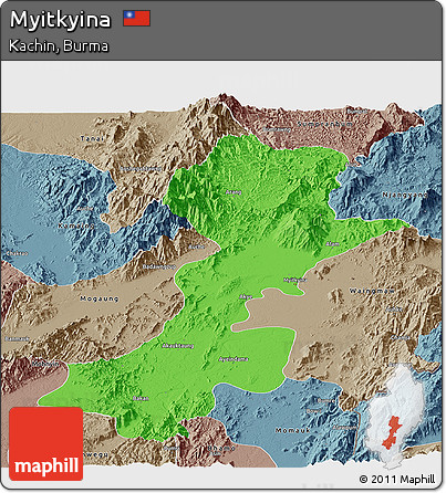 Political Panoramic Map of Myitkyina, semi-desaturated