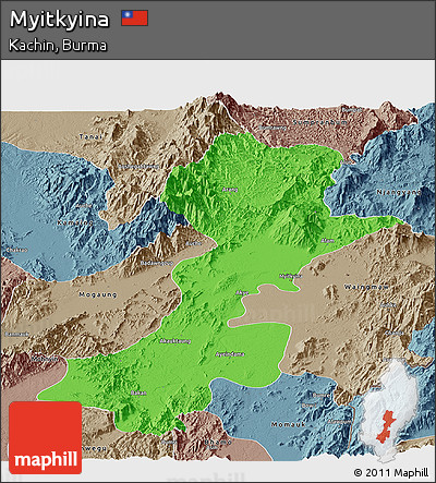 Political Panoramic Map of Myitkyina, semi-desaturated