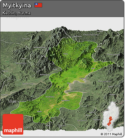 Satellite Panoramic Map of Myitkyina, semi-desaturated
