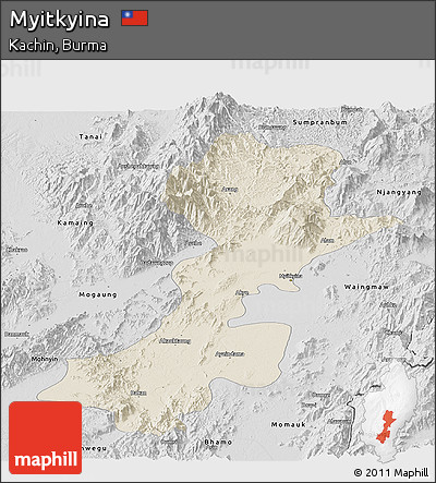 Shaded Relief Panoramic Map of Myitkyina, desaturated