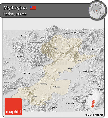 Shaded Relief Panoramic Map of Myitkyina, desaturated