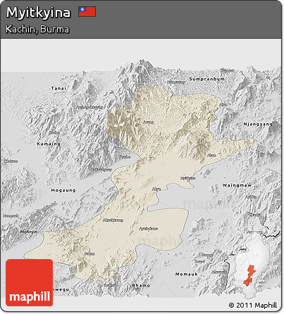 Shaded Relief Panoramic Map of Myitkyina, desaturated