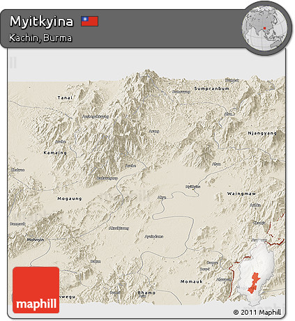 Shaded Relief Panoramic Map of Myitkyina