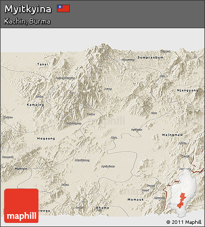Shaded Relief Panoramic Map of Myitkyina