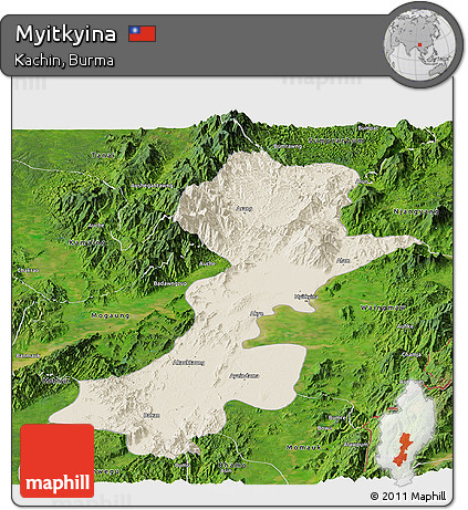 Shaded Relief Panoramic Map of Myitkyina, satellite outside