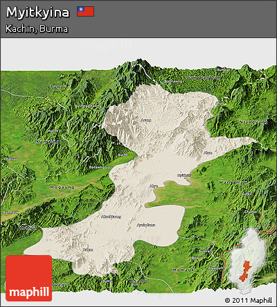Shaded Relief Panoramic Map of Myitkyina, satellite outside