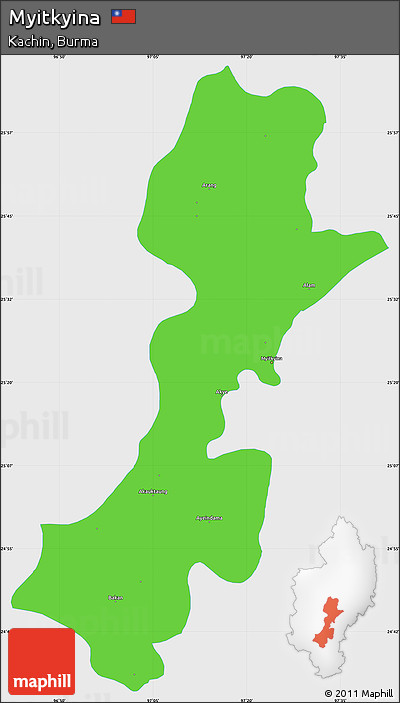 Political Simple Map of Myitkyina, single color outside