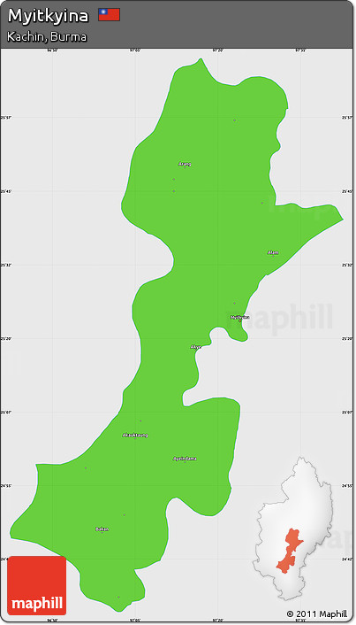 Political Simple Map of Myitkyina, single color outside
