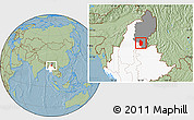 Savanna Style Location Map of Shwegu, highlighted country, highlighted parent region, hill shading