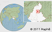 Savanna Style Location Map of Shwegu, highlighted country, hill shading